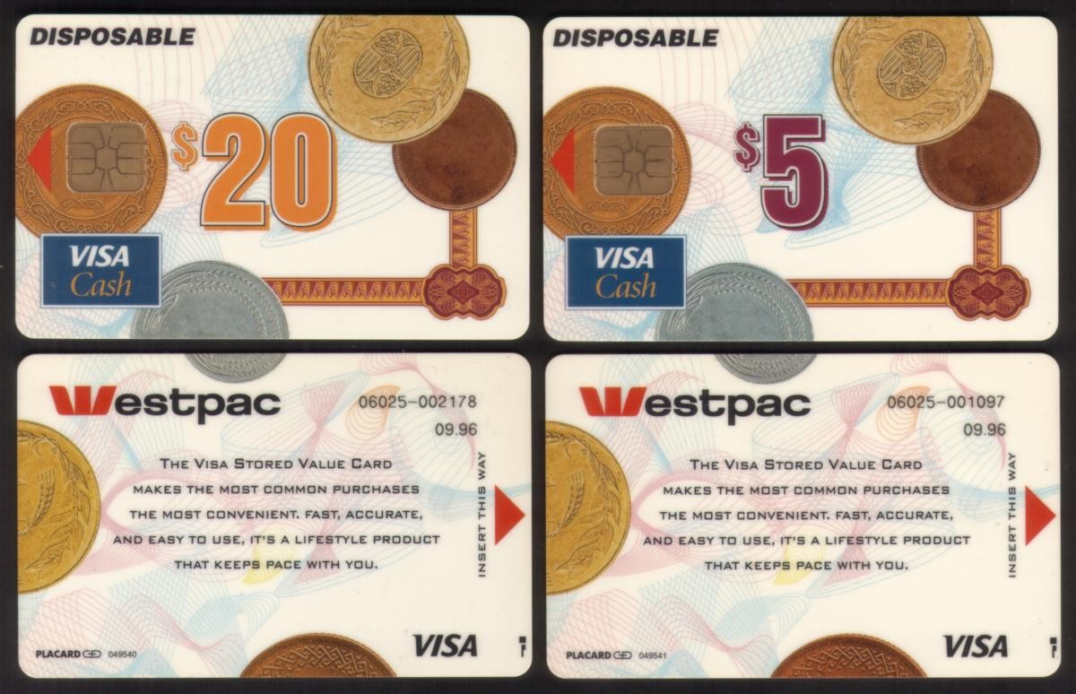 $5, $20. Westpac Bank VISA contanti pre-prova 09/96 set di 2 carte bancarie come nuove