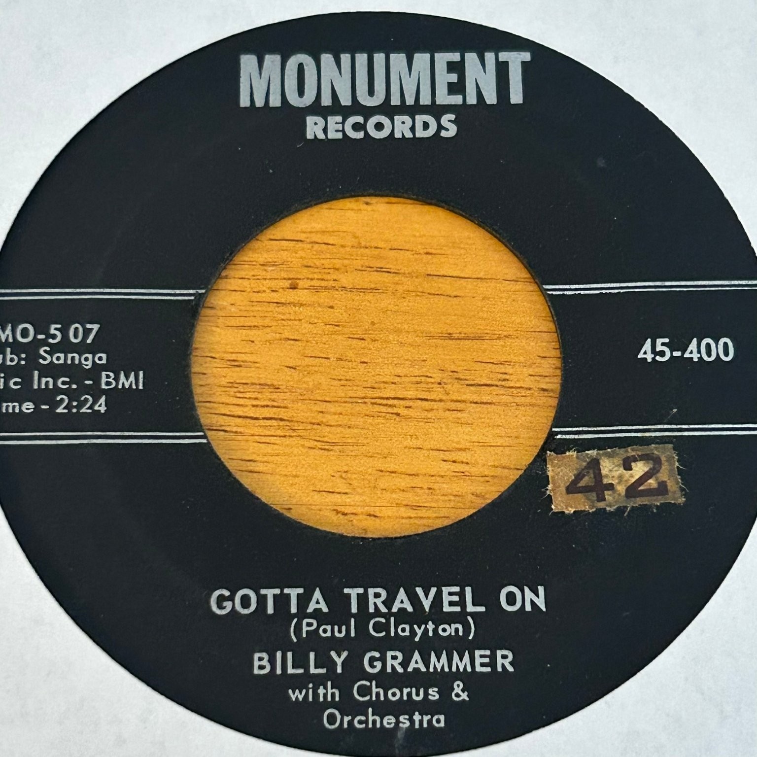 Billy Grammer - Gotta Travel On 7" Record 1958 Monument 45 RPM Country Folk