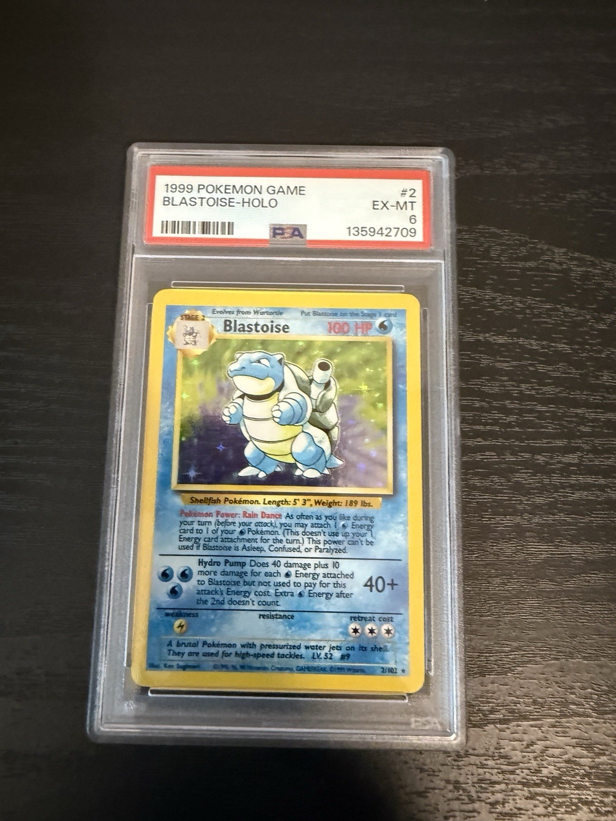 1999 POKEMON SET BASE ILLIMITATO #2 BLASTOISE-HOLO PSA 6