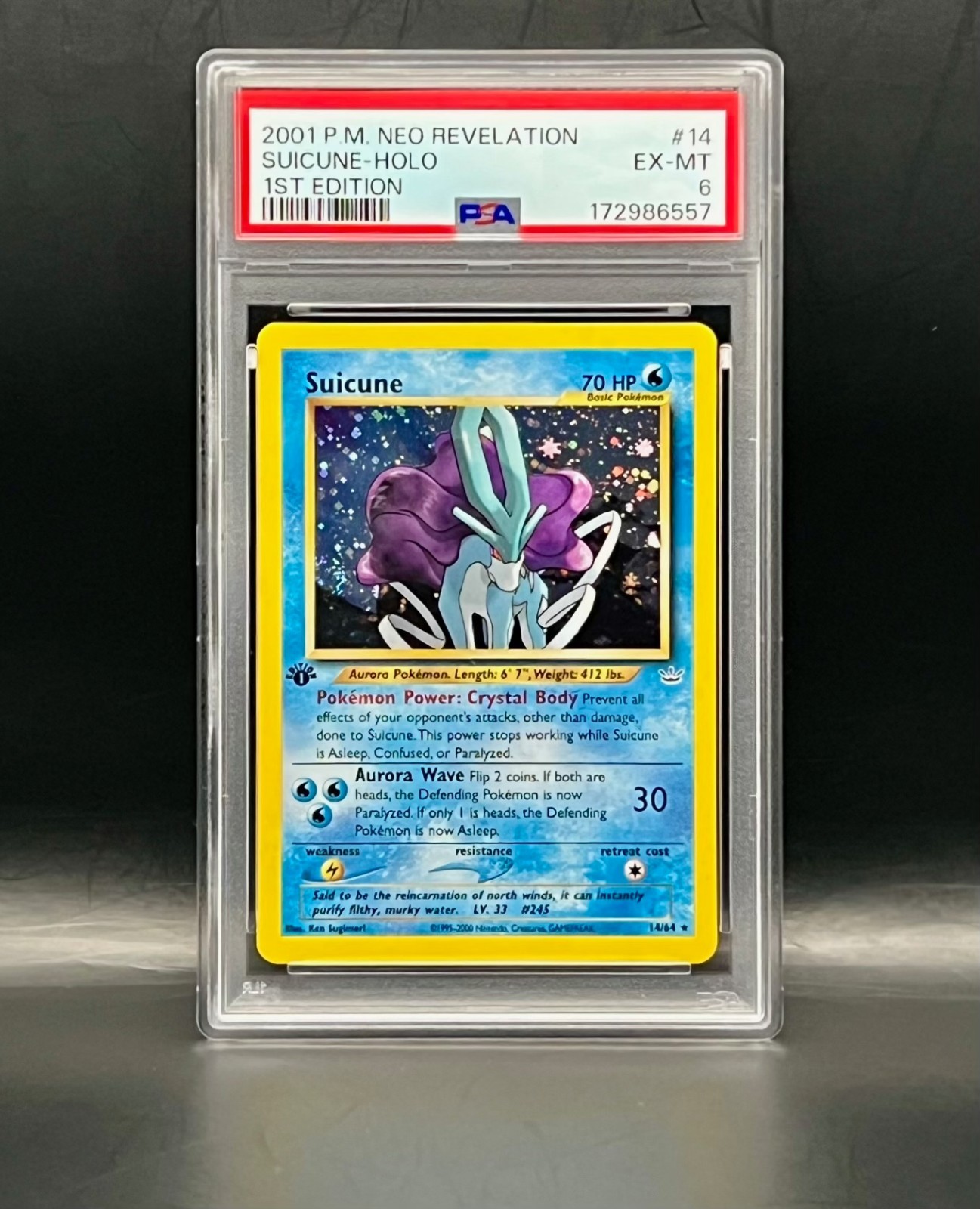 Suicune 14/64 Holo Rare w/Swirl- 1st Edition 2001 Pokémon Neo Revelation- PSA 6