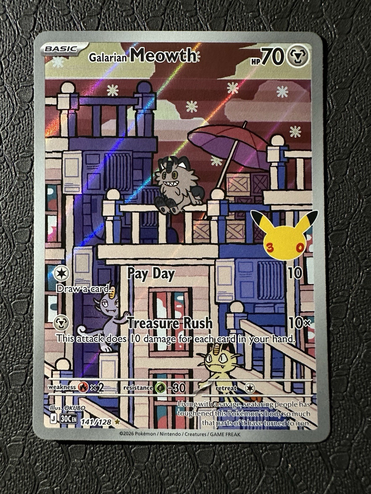 Galarian Meowth Illustration Rare 141/128 Holofoil 30th Celebration Near Mint