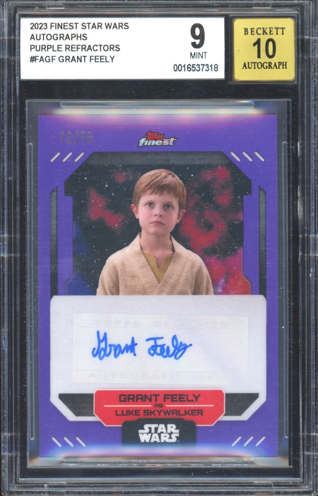 TOPPS 2022 STAR WARS FINEST GRANT FEELY #FA-GF /75 PURPLE AUTOGRAPH BGS GRADED 9