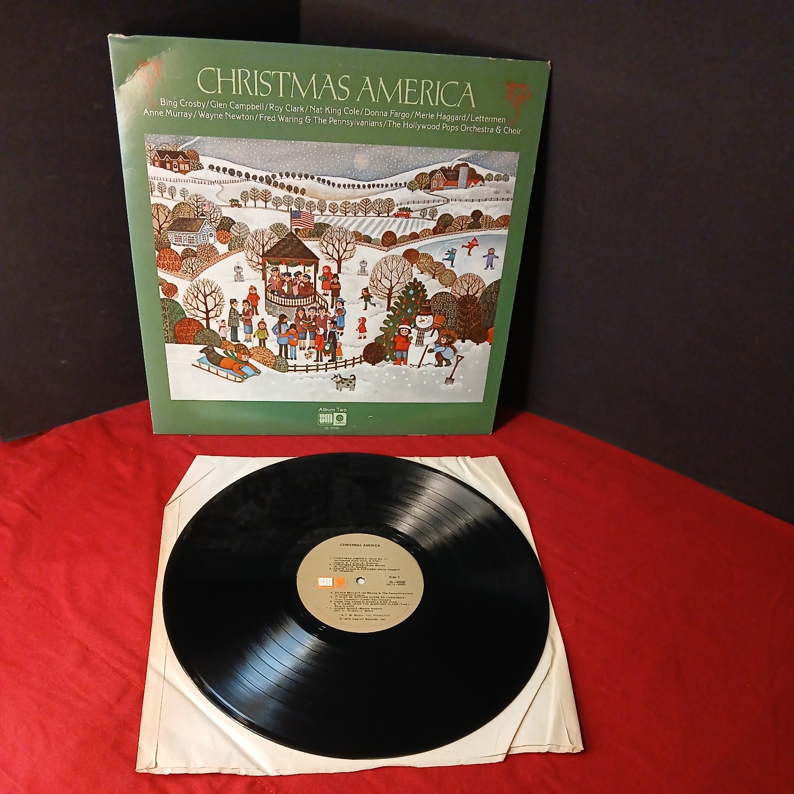 Christmas America Vinyl LP SL-6950 Capitol 1974 Crosby King Cole Haggard VG+/VG+