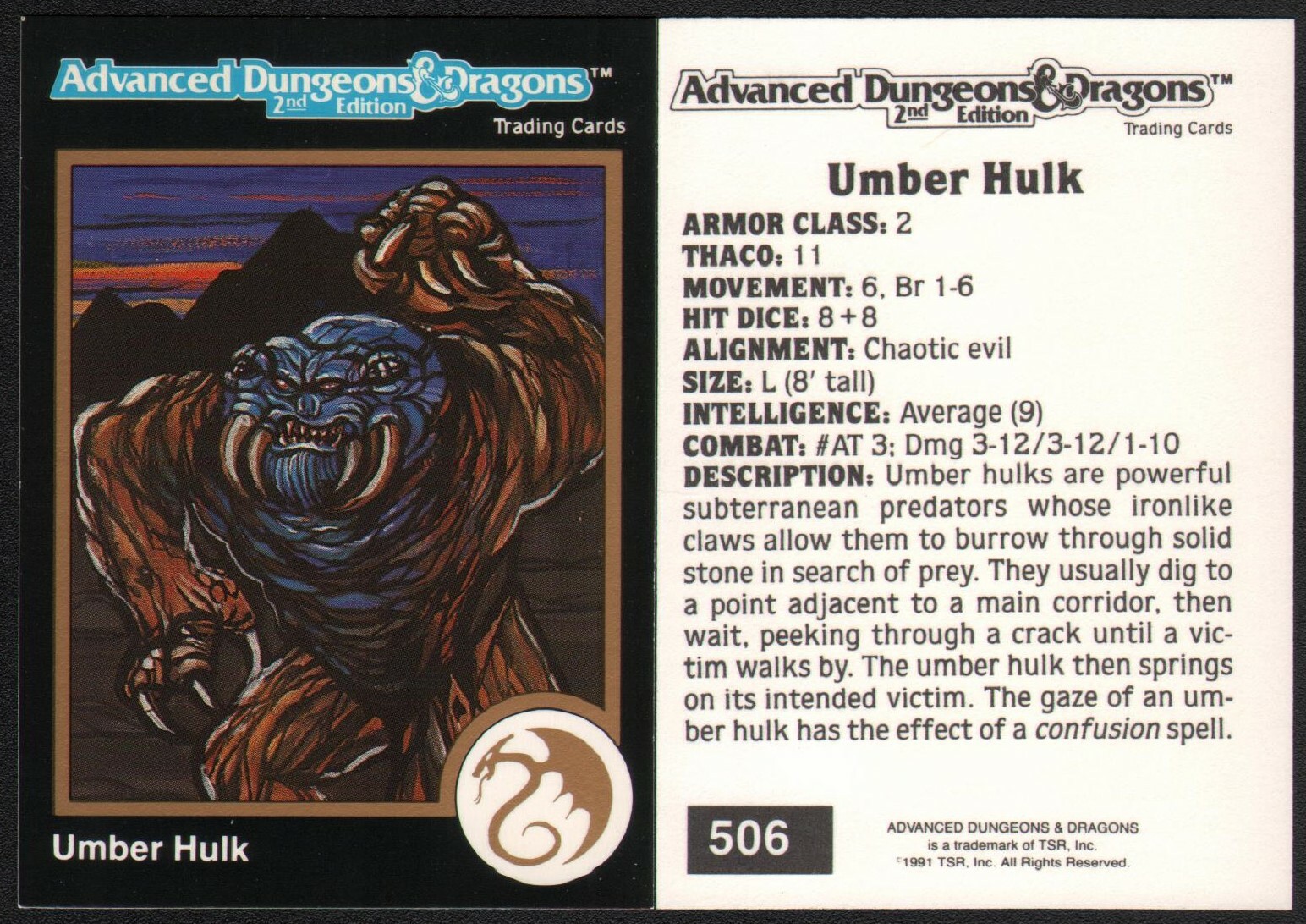 1991 TSR AD&D Gold Border RPG Fantasy Art Card 506 Dungeons & Dragons Umber Hulk