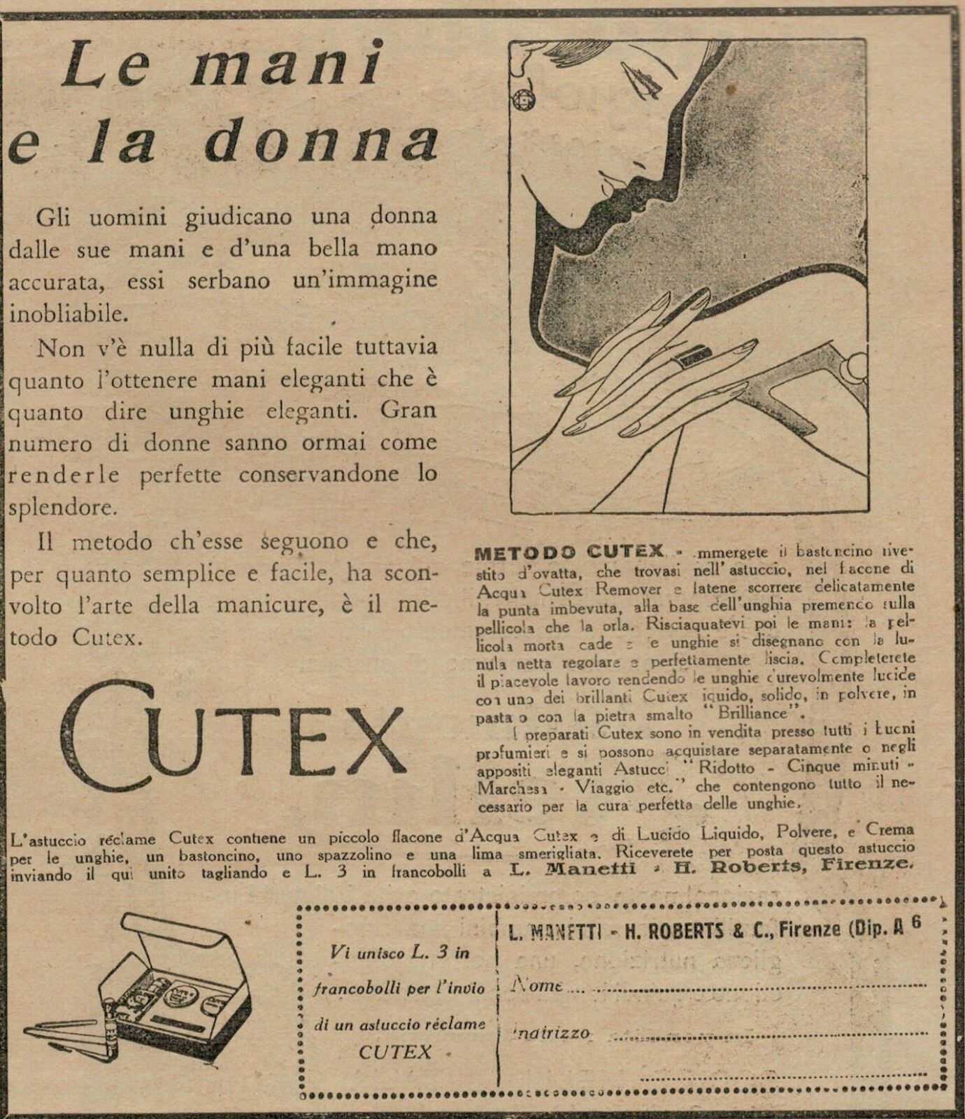 PUBBLICITA' ORIGINALE VINTAGE  DEL 1927 : CREMA CUTEX DITTA ROBERTS FIRENZE