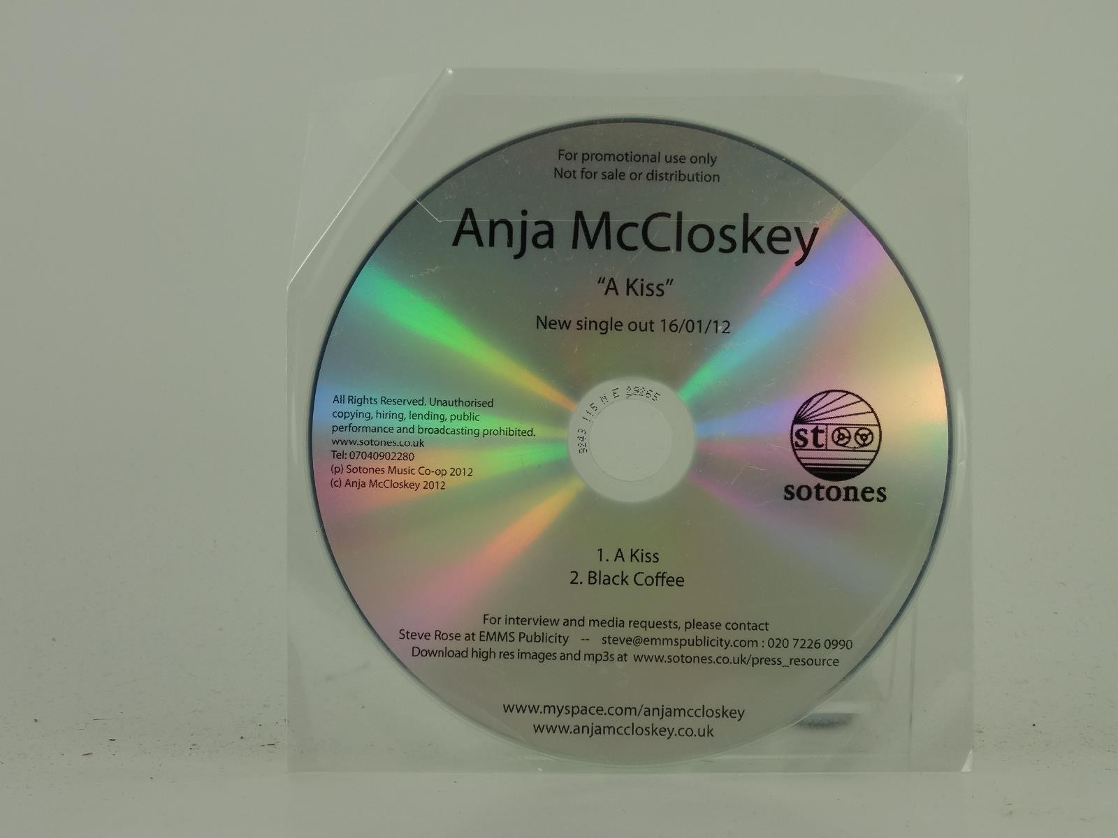 ANJA MCCLOSKEY A KISS (D24) 2 Track Promo CD Single plus Plastic Sleeve SOTONES