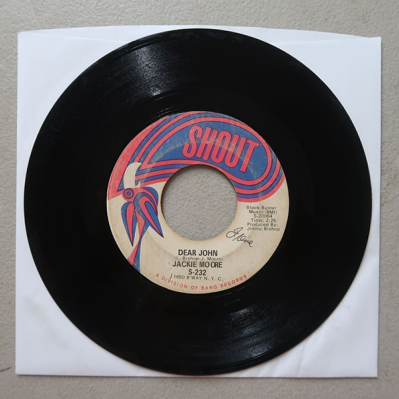JACKIE MOORE S-232 HERE I AM, DEAR JOHN VINYL 45 SHOUT VG 11-135