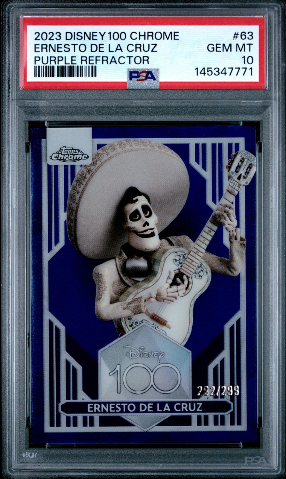 ERNESTO DE LA CRUZ 2023 TOPPS CROMO DISNEY 100 VIOLA RIFRATTORE 292/299 PSA 10