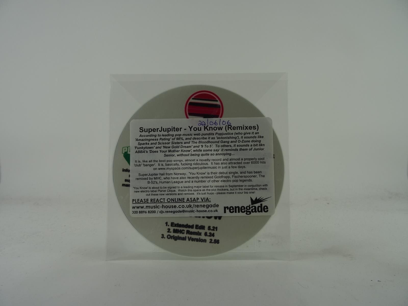 SUPERJUPITER YOU KNOW (REMIXES) (A20) 3 Track Promo CD Single plus Plastic Sleev