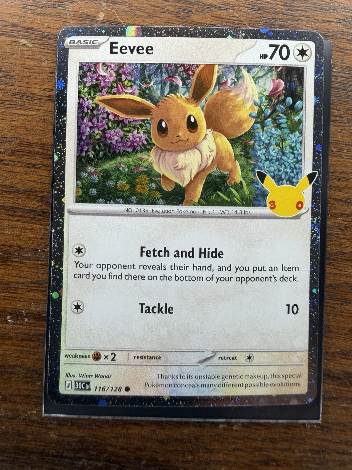 Pokemon Eevee Cosmos Holo con carta TCG celebrazione 30° anniversario SWIRL 116/128