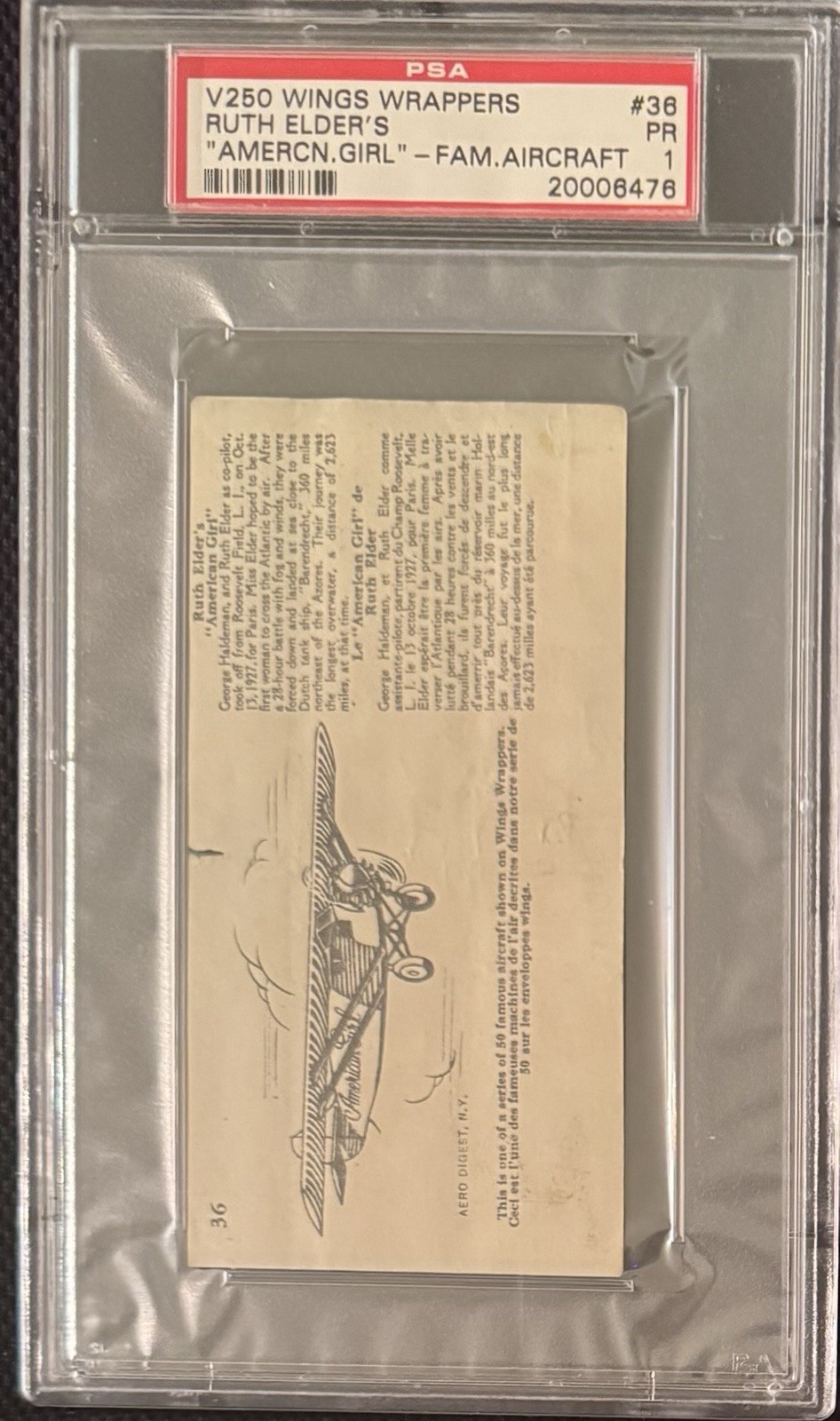 1929 V250 Wings Wrappers PSA 1 confezione #36 Ruth Elders American Gir aereo famoso
