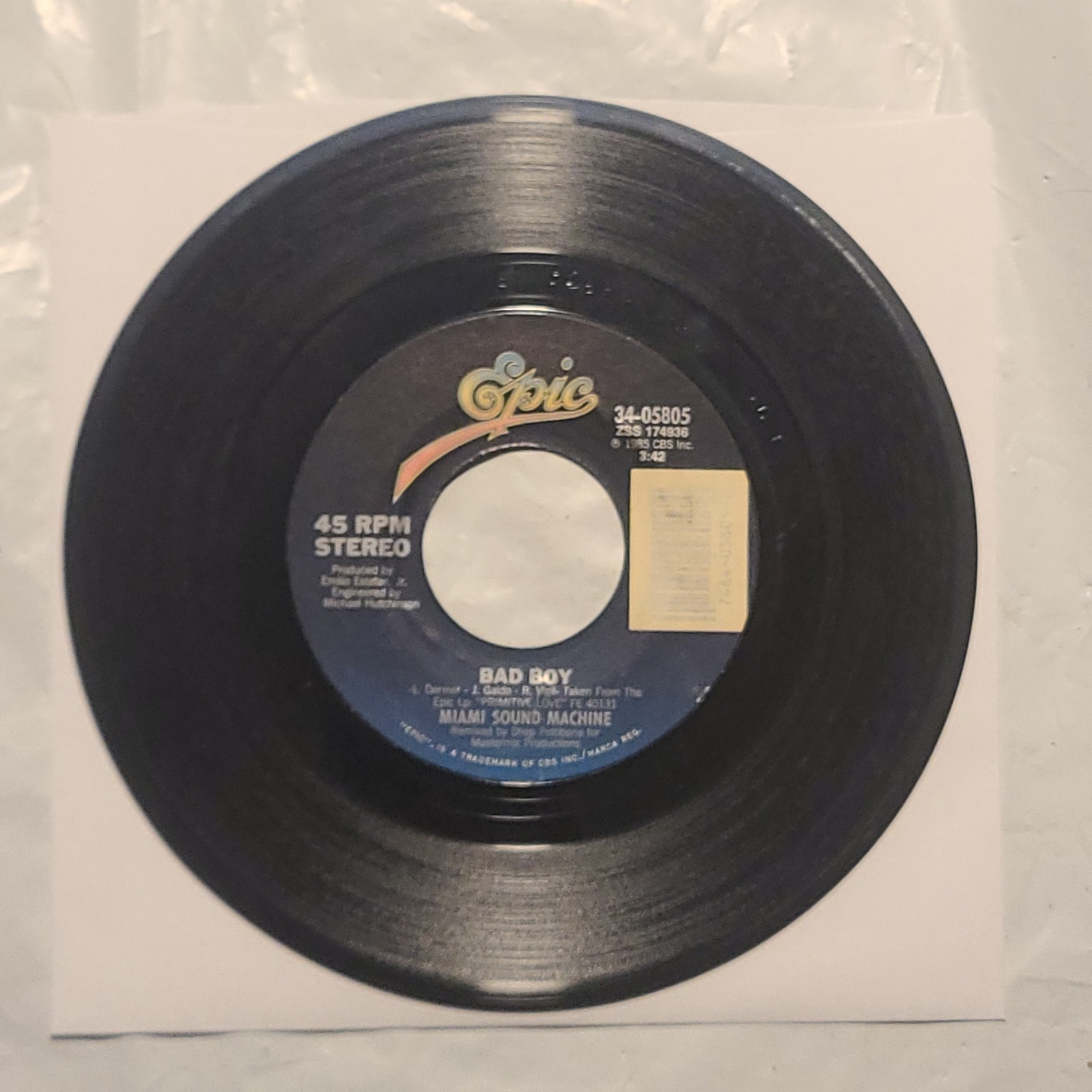Miami Sound Machine - Bad Boy/ Surrender Paradise - Epic 45 RPM Record