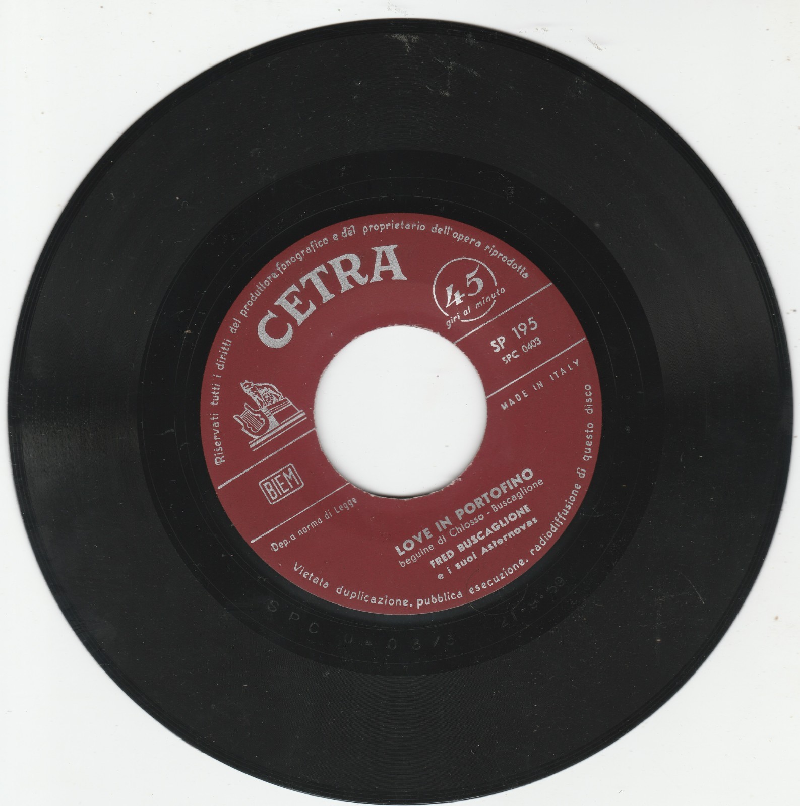 FRED BUSCAGLIONE 7' 45 GIRI DEL 1959 LOVE IN PORTOFINO / NON PARTIR - MINT