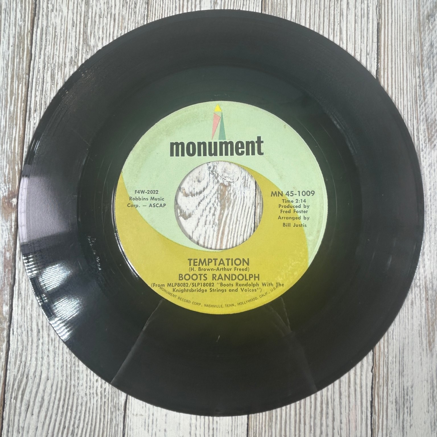 Boots Randolph - Temptation 7" Single Record Monument Jazz 45 RPM