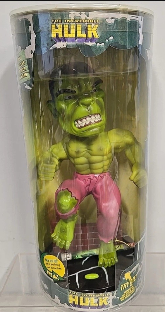2002 Incredible Hulk Marvel Way Out Toys Talking Light Up Eyes Bobble Head Raro
