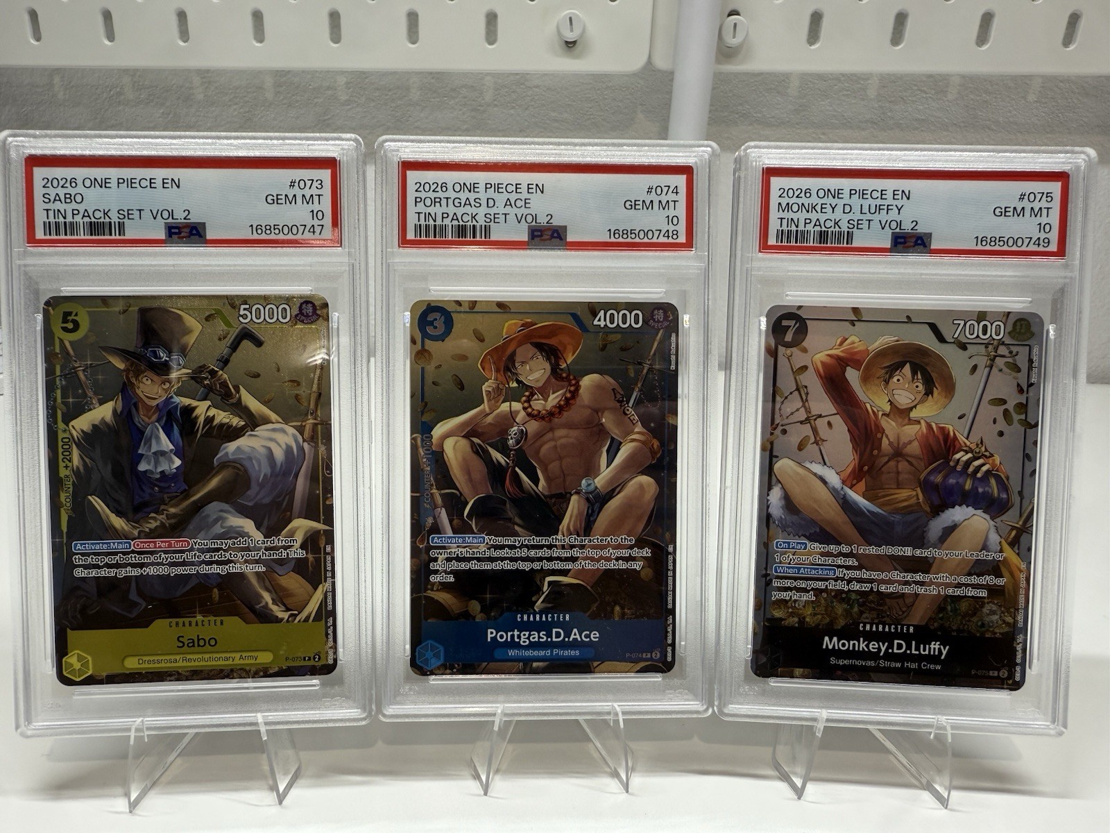 PSA 10 ONE PIECE TIN PACK VOL.2 #073 #074 #075 SABO, ACE, LUFFY - SEQUENTIAL SET
