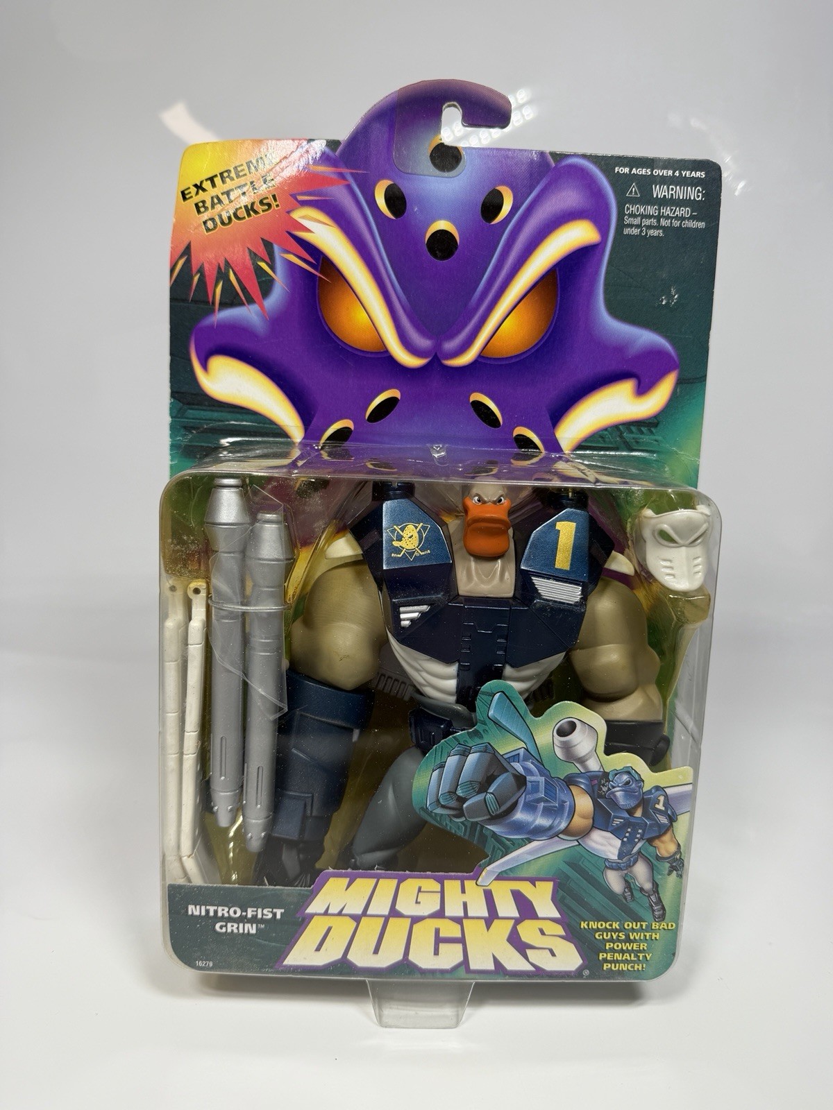 Modellino giocattolo vintage Mighty Ducks Nitro-Fist Grin Mattel 1996 NUOVO raro