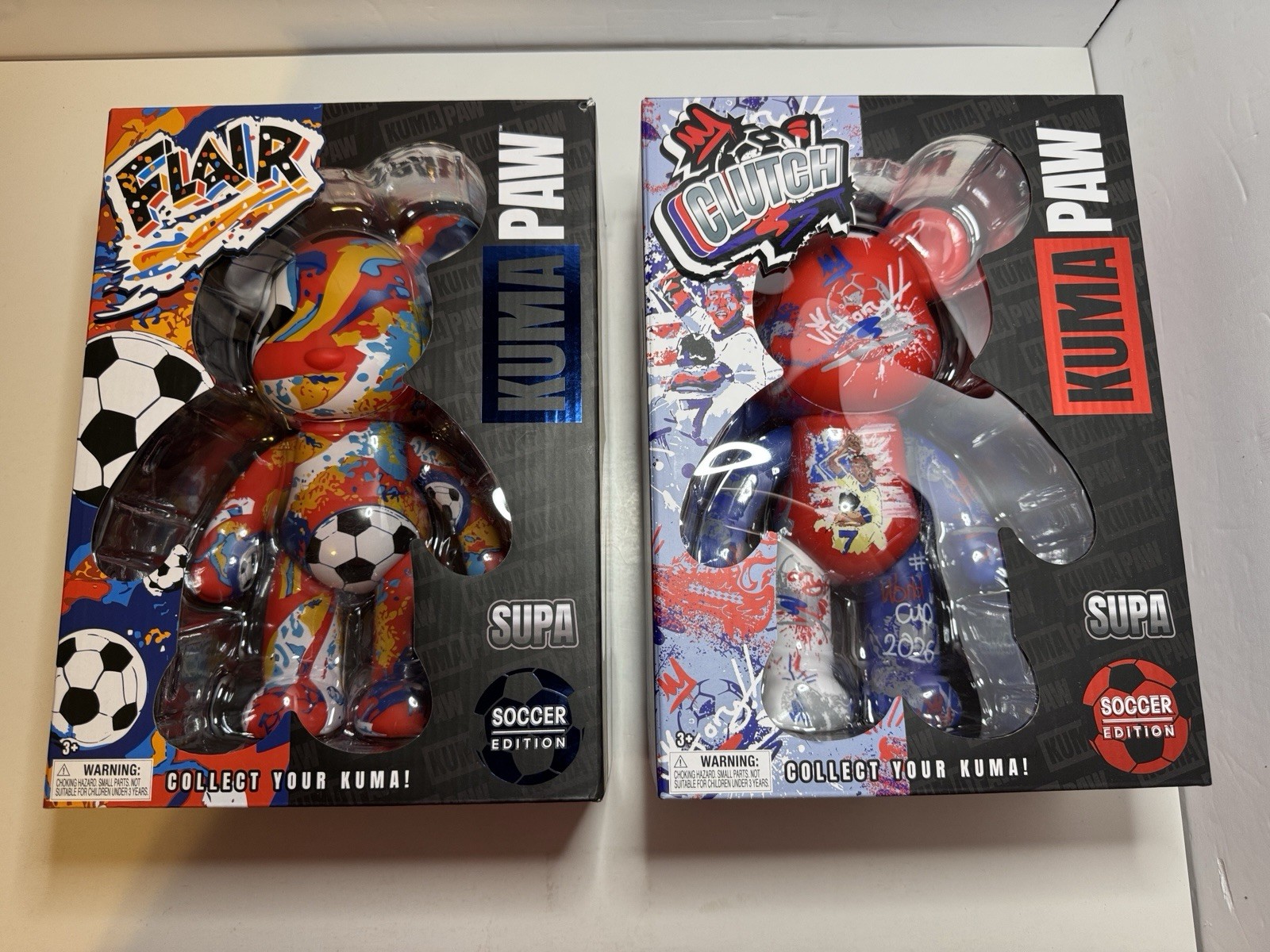 Supa Kuma Paw 9.5" World Cup Soccer Edition FLAIR & CLUTCH Bear Figure SET-2 NEW