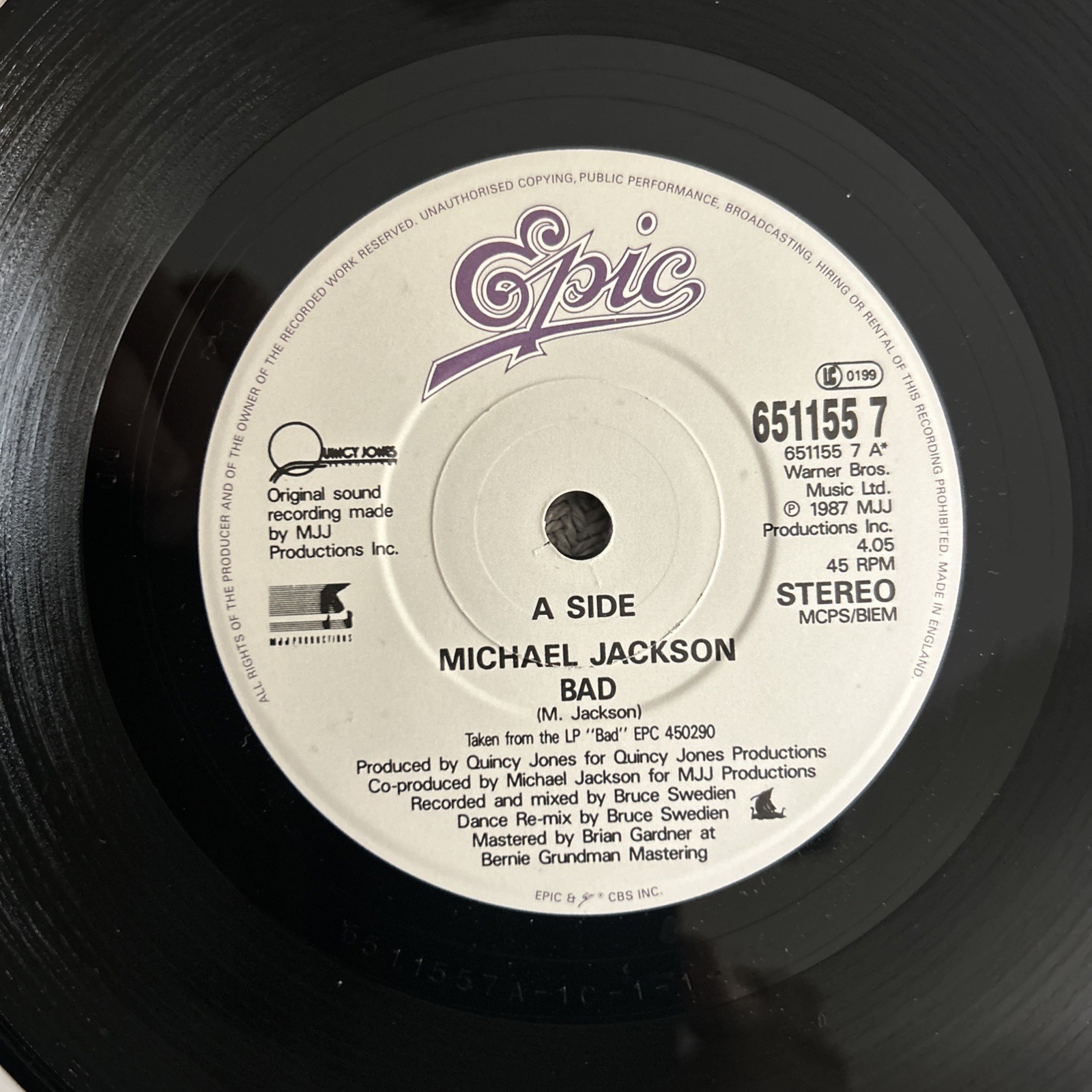 Michael Jackson - Bad /Bad Remix Epic UK 7” Single VG+ vinyl 