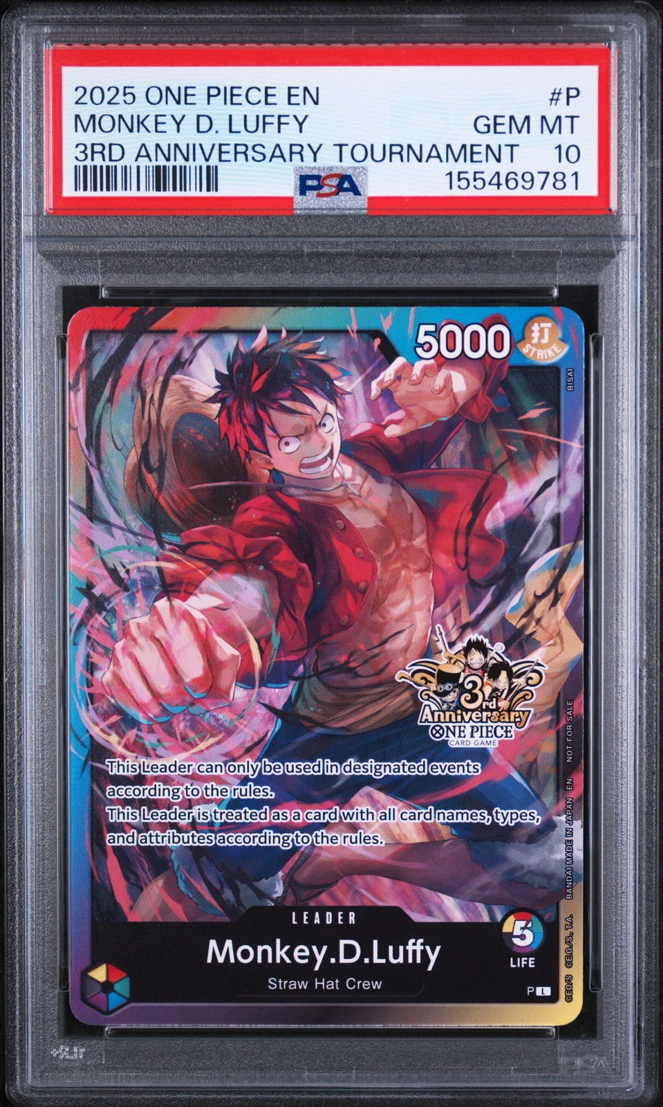 2025 ONE PIECE PROMO 3° ANNIVERSARIO TORNEO #P MONKEY D. LUFFY PSA 10