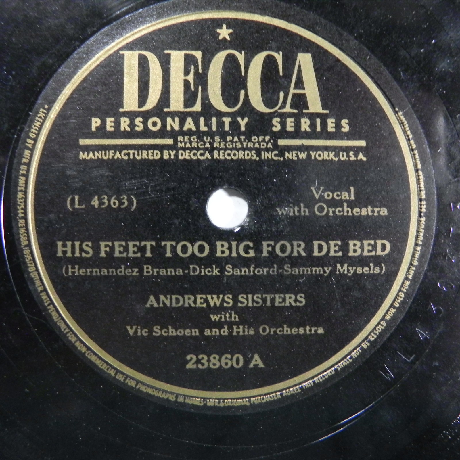 Andrews Sisters – His Feet Too Big For De Bed 1947 Decca 23860 78 RPM