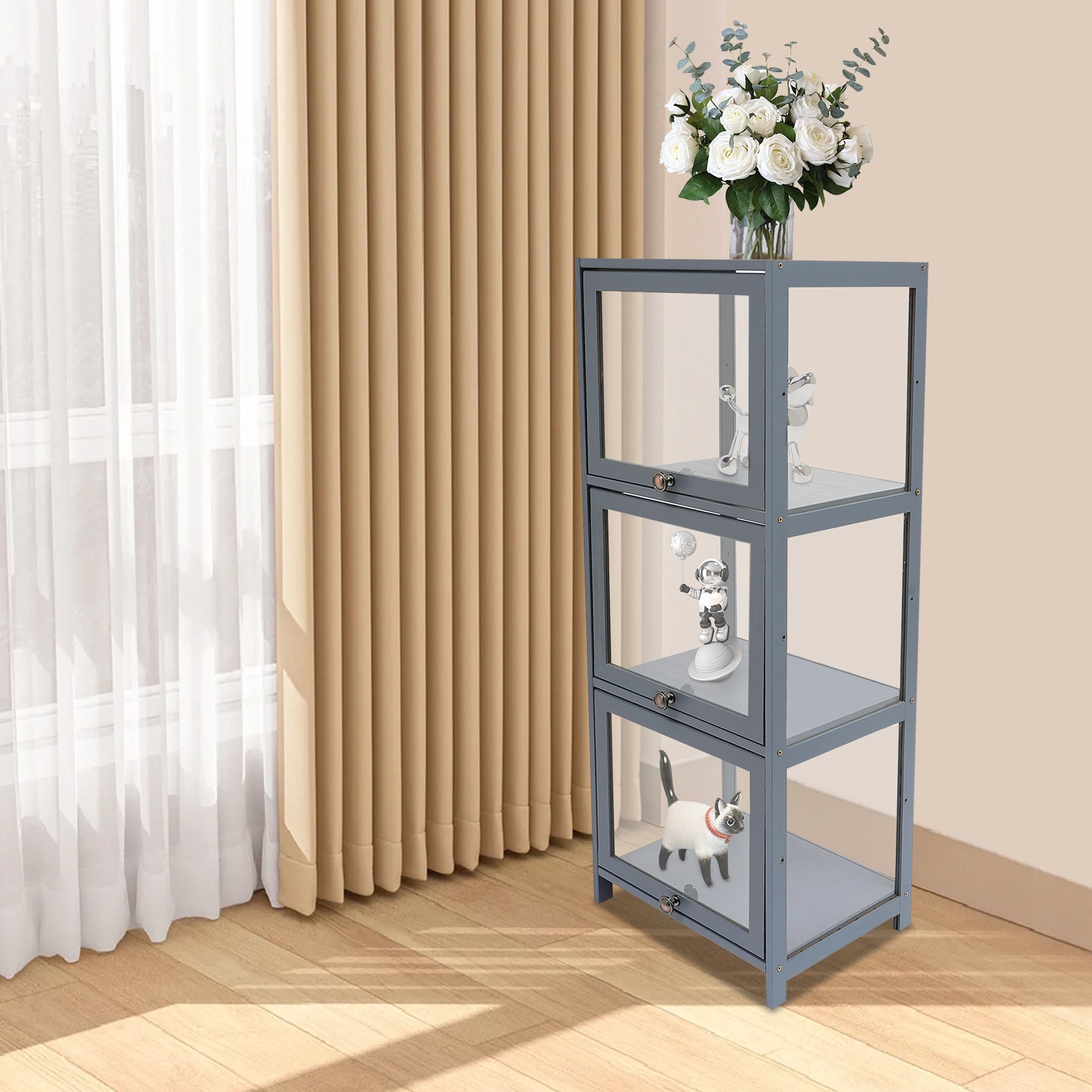 3-tier Transparent Display Cabinet Storage Shelf Display Case Gray