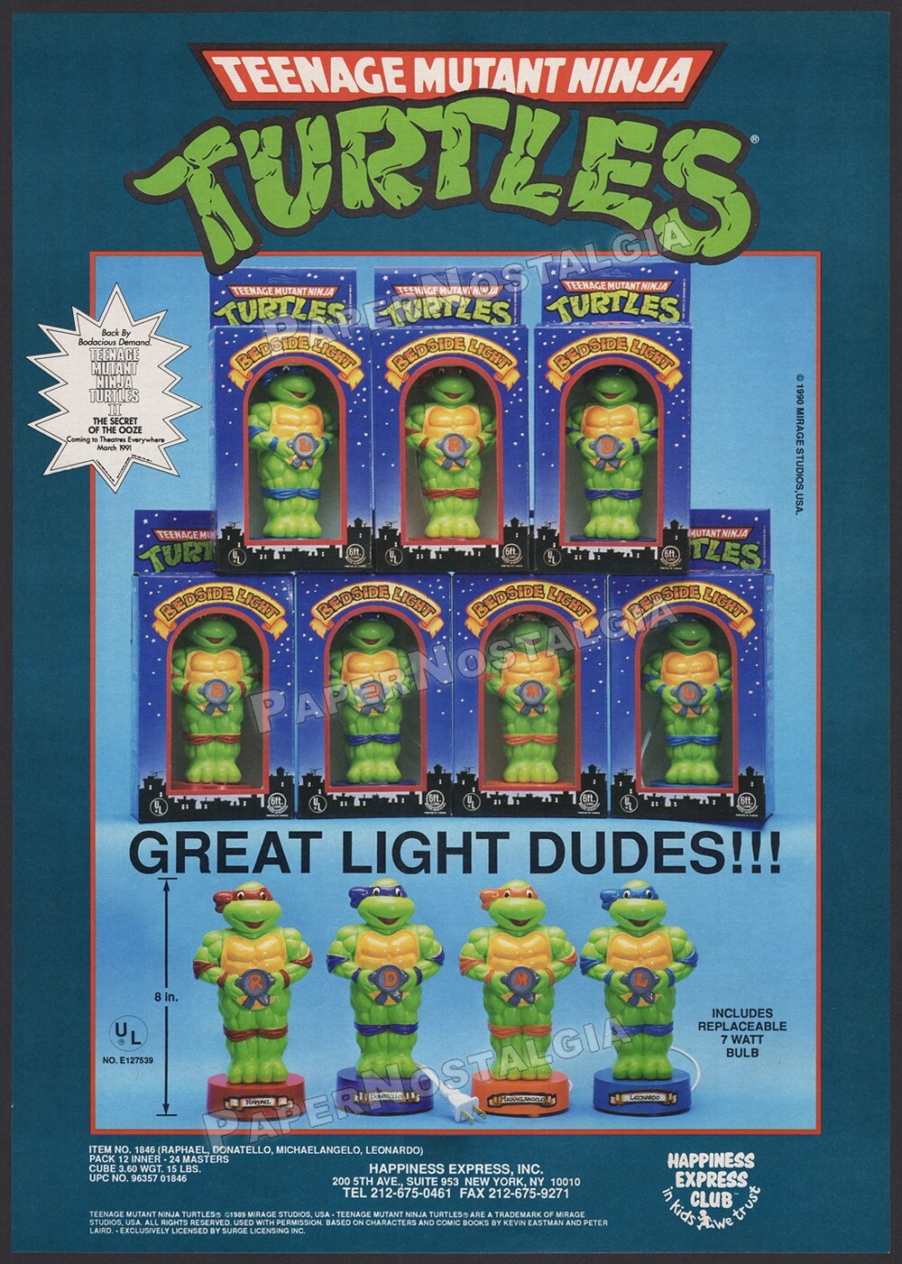 Tartarughe Ninja Mutanti Teenage - Orig. Pubblicità commerciale / poster 1991 - pubblicità luce comodino