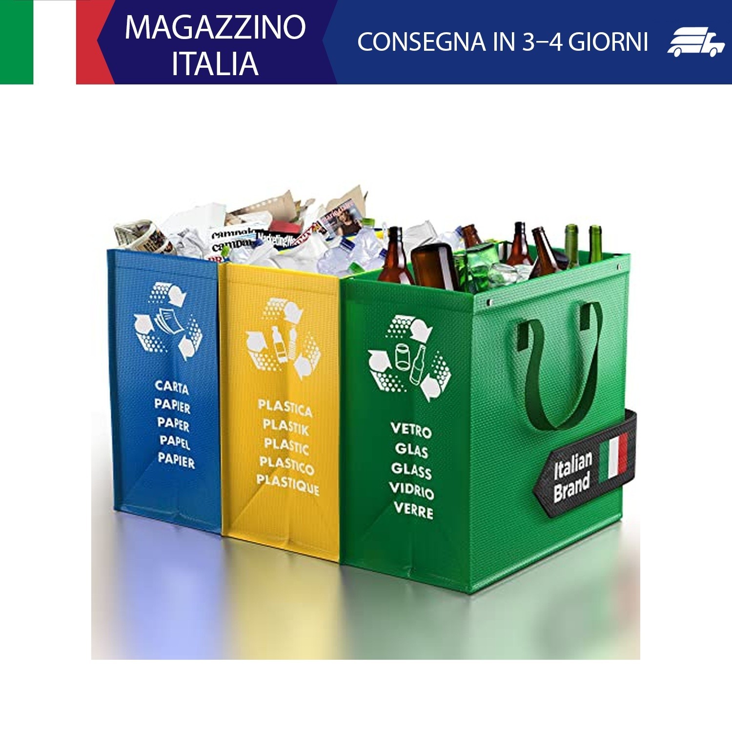 PTMS® Borse Raccolta Differenziata - 3 Bidoni per Carta, Plastica e Vetro | Bido