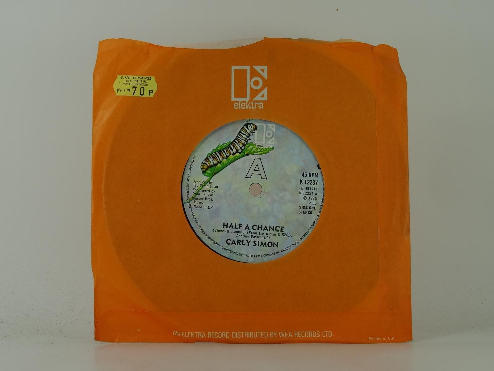 CARLY SIMON HALF A CHANCE (44) 2 Track 7" Single plus Company Sleeve ELEKTRA REC