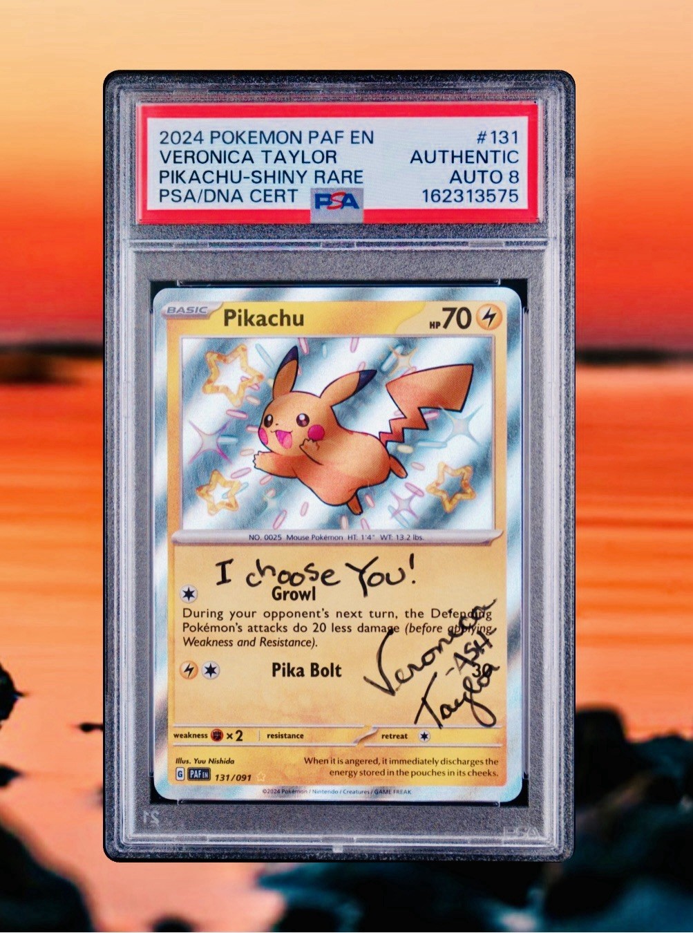 🔥✨2024 SHINY RARE PIKACHU PAF #131/091 VERONICA TAYLOR SIGNED PSA/DNA AUTO 8 ✍️