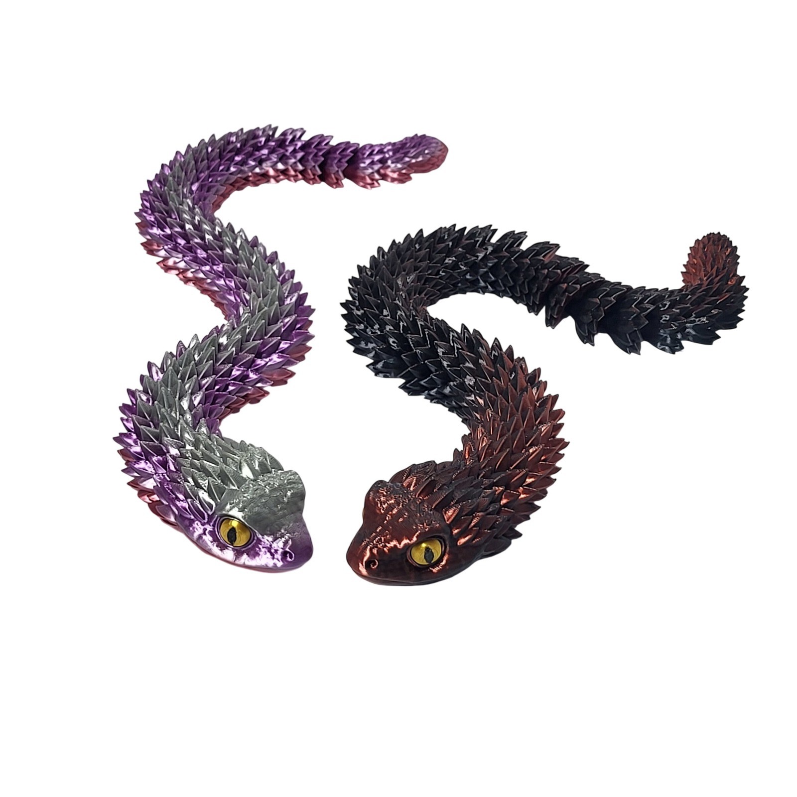 Set of 2 Articulated 3D Printed Bush Viper Snake Fidget Toy Purple Copper 14.5"