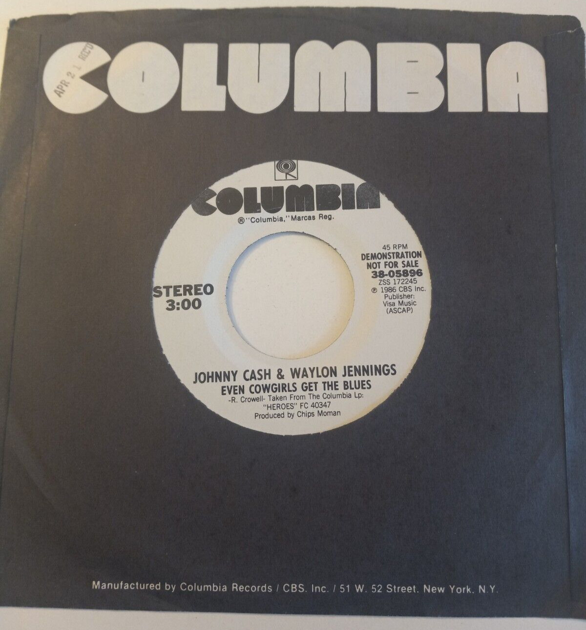 Johnny Cash Waylon Jennings Even Cowgirls Get The Blues 45 Demo NFR 1986