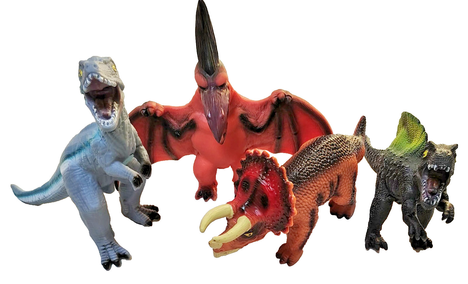 Lotto 4 pezzi dinosauro giocattolo Jumbo Velociraptor, Triceratopo, Pterodattilo, Spinosaurus
