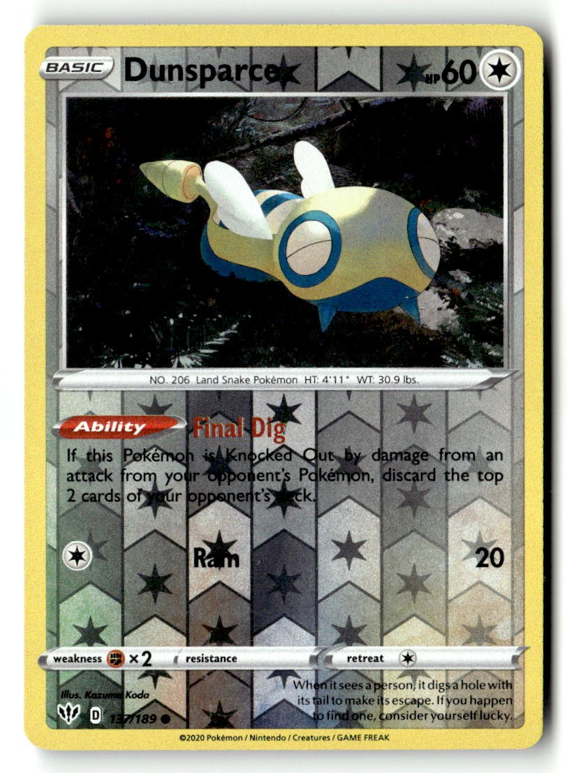 DUNSPARCE 137/189 C POKEMON DARKNESS ABLAZE REVERSE HOLO LP KAZUMA KODA