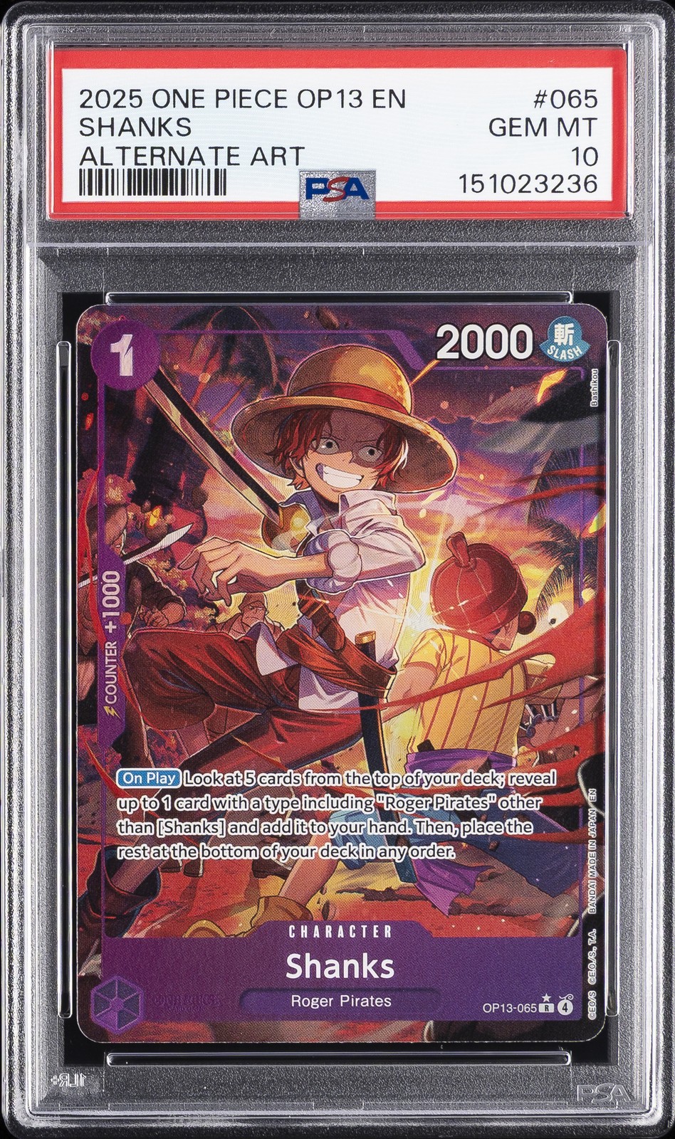 2025 ONE PIECE OP13-CARRYING ON HIS WILL ALTERNATE ART #065 SHANKS PSA 10
