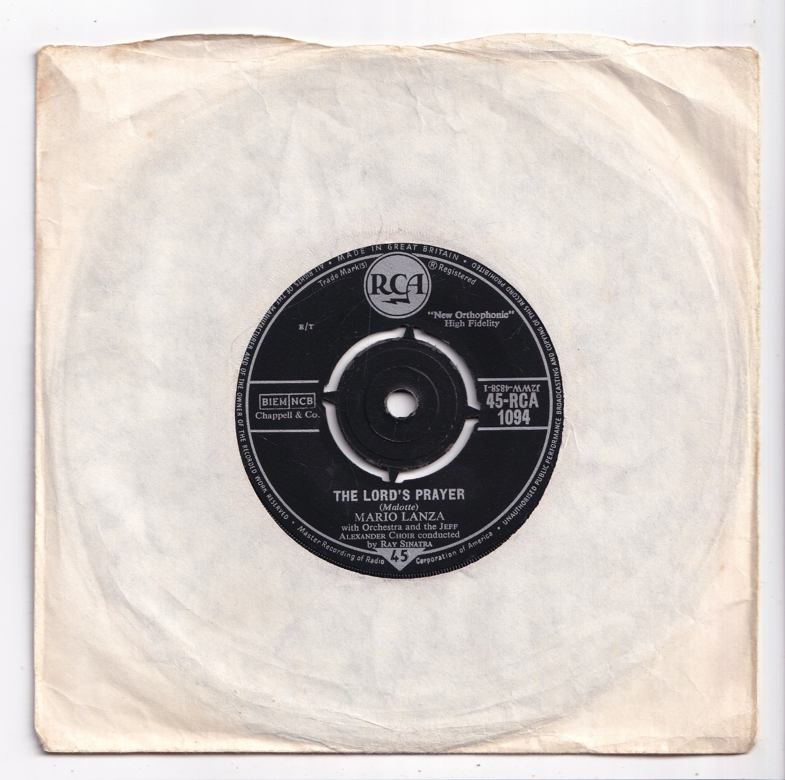 (AV496) Mario Lanza, The Lord's Prayer - 7 inch vinyl