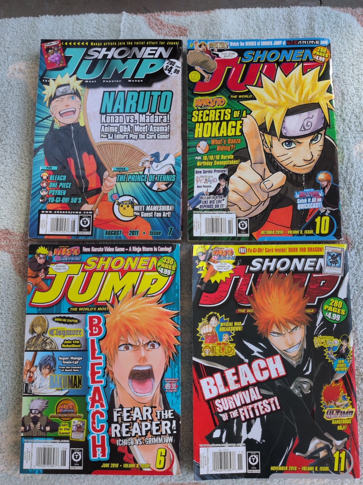 Lotto 4 riviste Shonen Jump (2010-2011) Naruto Bleach Manga Anime NO CARDS