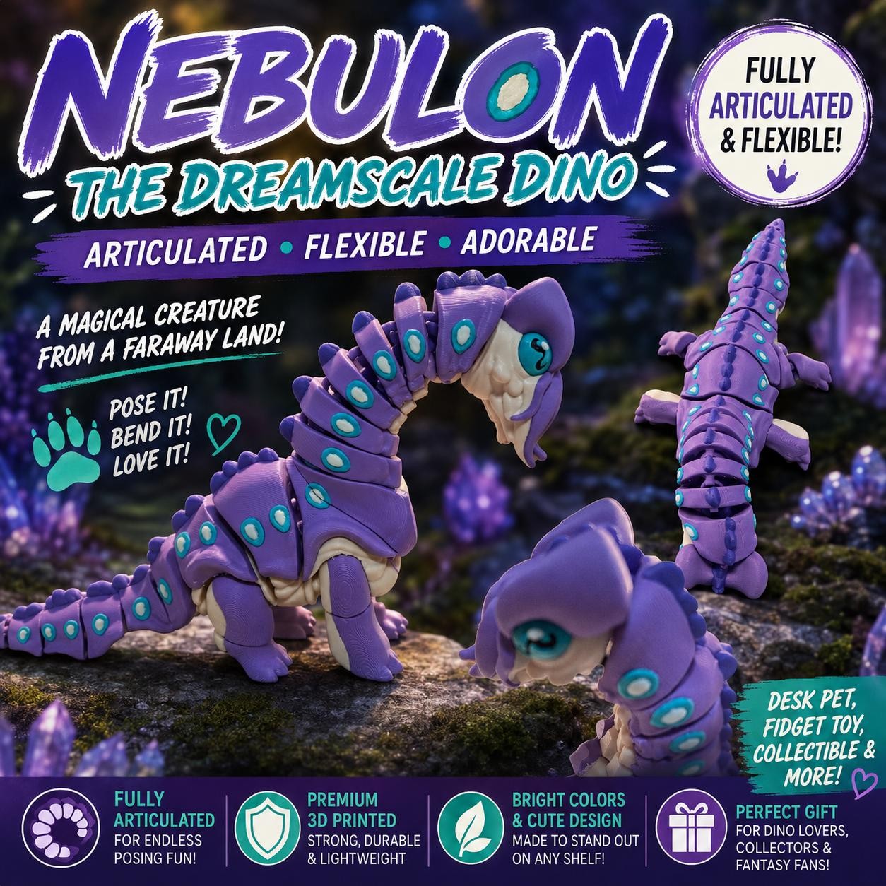 Drago Dino Viola Articolato Stampato 3D Flessibile Fantasia Dinosauro Scrivania Giocattolo