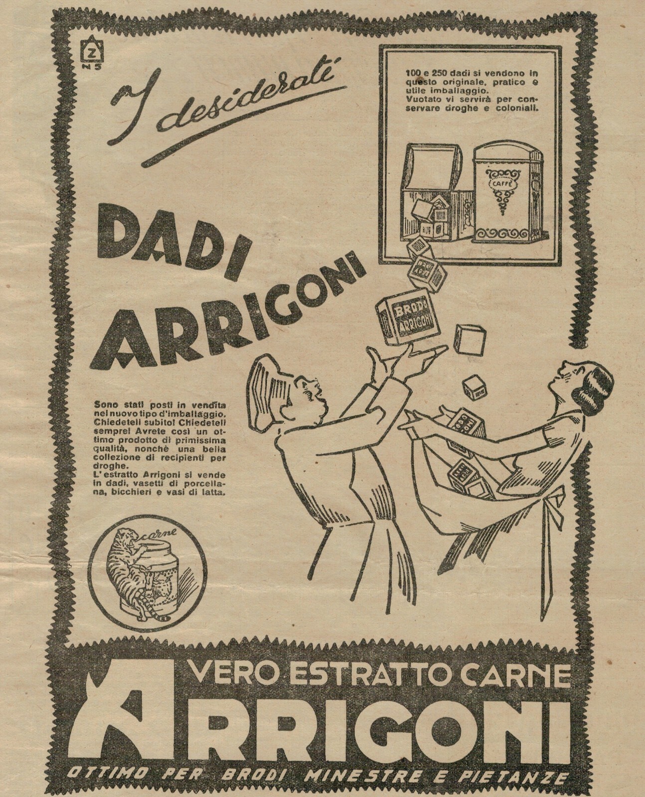 PUBBLICITA' ORIGINALE VINTAGE  DEL 1927 : DADI ARRIGONI, VERO ESTRATTO CARNE