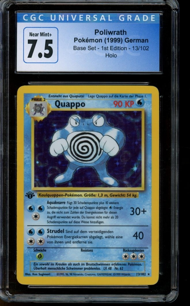 CGC 7.5 NEAR MINT+ Pokemon Poliwrath Base Set 1st Edition Holo 13/102 German