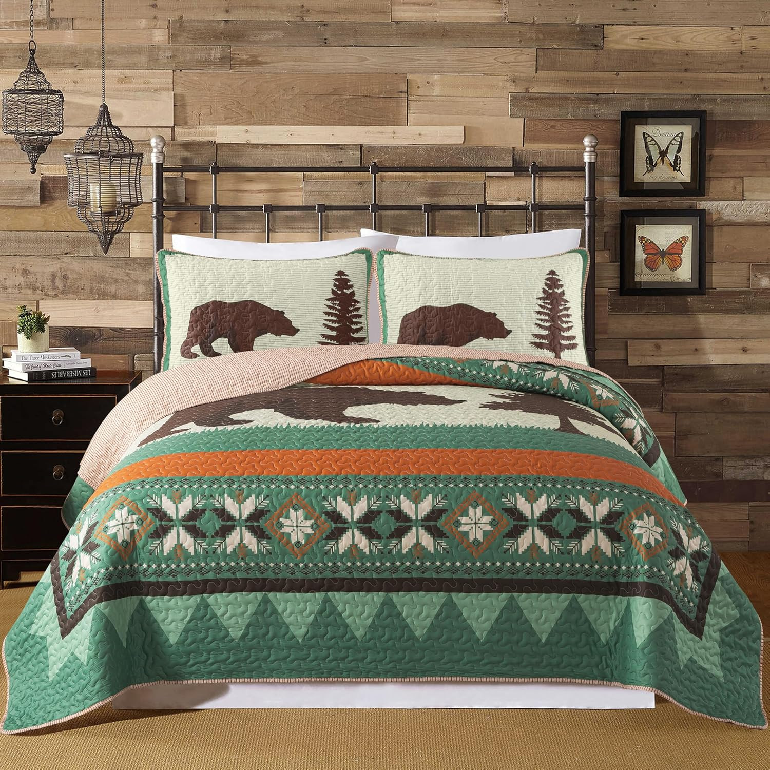 King Bear Quilt Set Rustic Cabin Lodge Bedding 2 Shams Reversible Nature Comfort