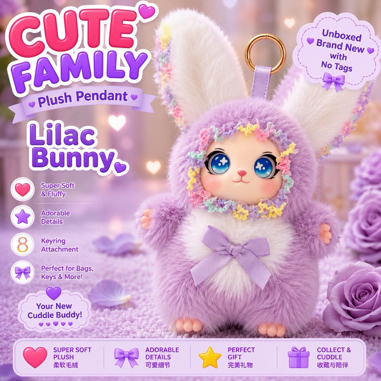 CUTE FAMILY LILAC BUNNY PLUSH PENDANT KEYRING PURPLE COLLECTIBLE NEW