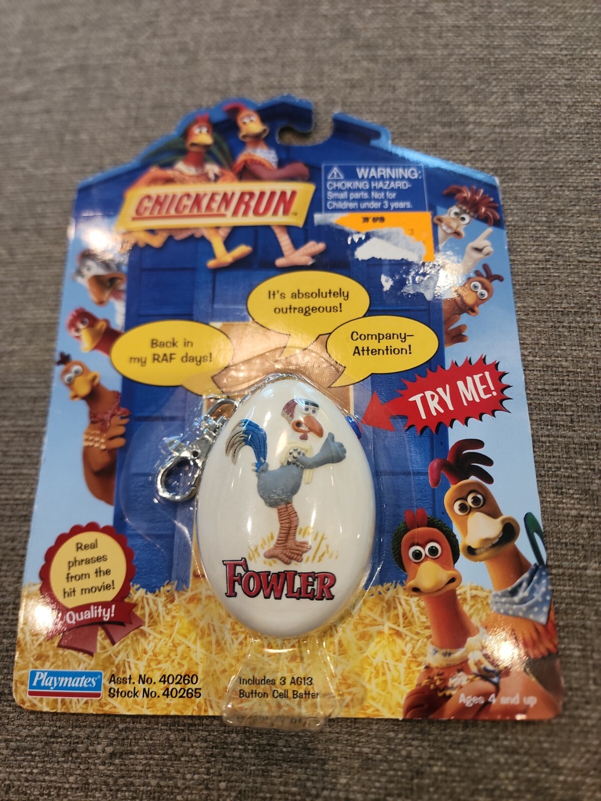 Portachiavi Parlante Vintage 2000 Nuovo Chicken Run Fowler Giocattolo Clip-On Playmates