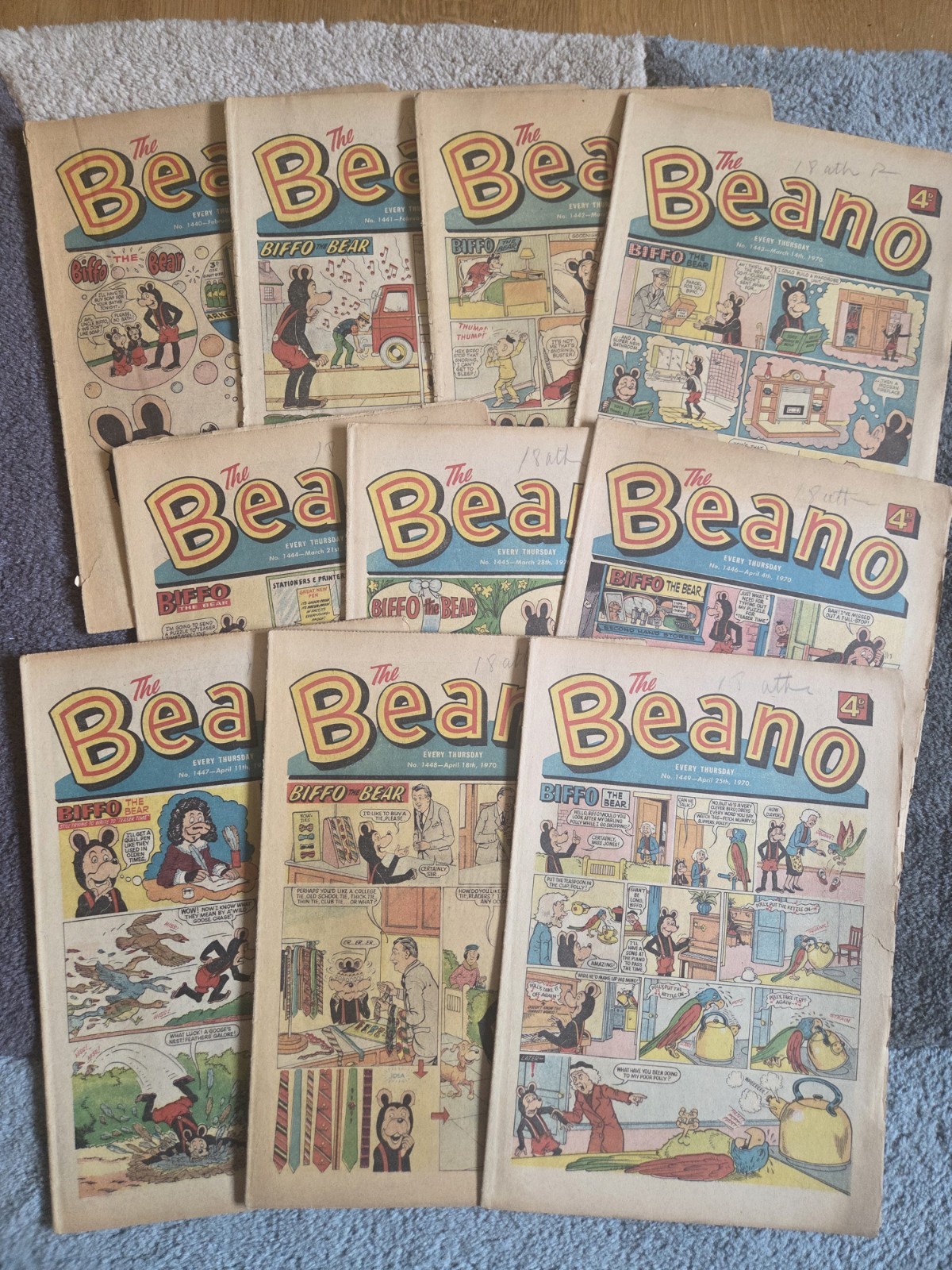 10 Consecutive Beano Comics early 1970 (#1440–#1449) Biffo the Bear Covers 