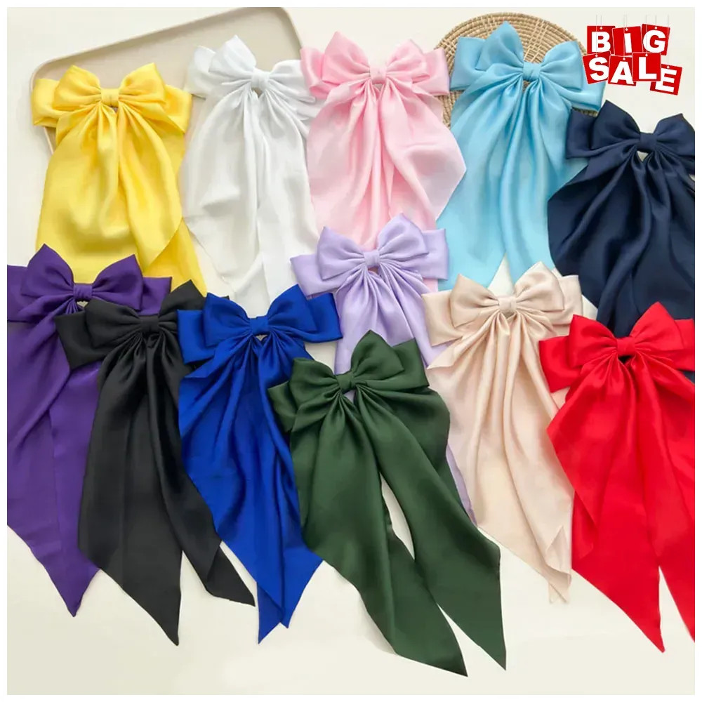 Satin Silk Ribbon Big Bows Hairpins Spring Clips Korean Bow long Streamers Hair 