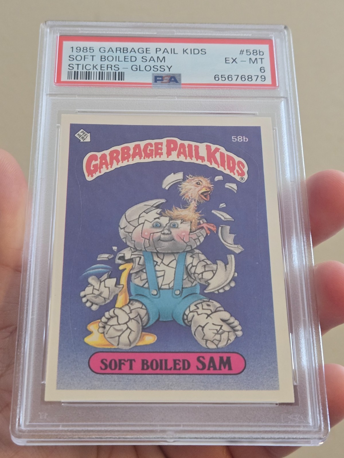 1985 TOPPS GARBAGE PAIL KIDS ADESIVO SOFT BOILED SAM #58b GLOSSY OS2 PSA 6 EX-MT