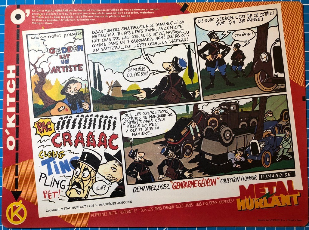 WEISMULLER GENDARME GÉDÉON PLANCHE INÉDITE SET DE TABLE PUBLICITÉ O'KITCH 1986
