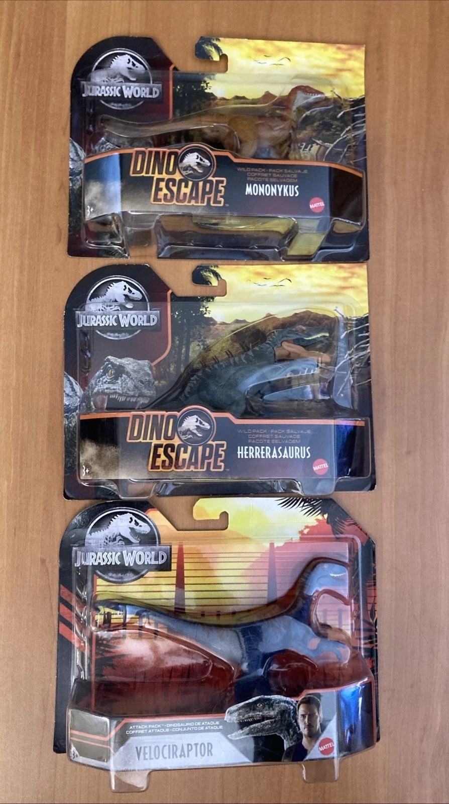 Jurassic World Velociraptor + Mononykus Herrerasaurus Wild Attack Mattel Toy New