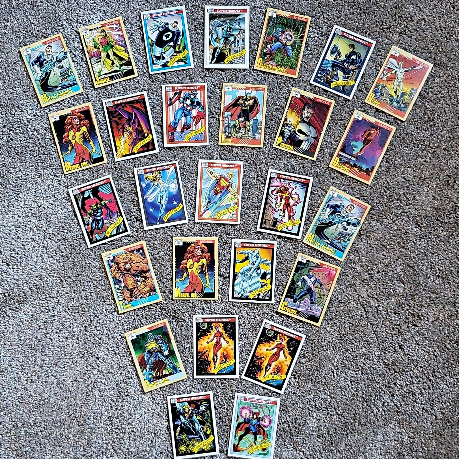 Lotto 24 carte collezionabili Marvel 1991 Marvel Super Heroes non sportive Jubilee Fury
