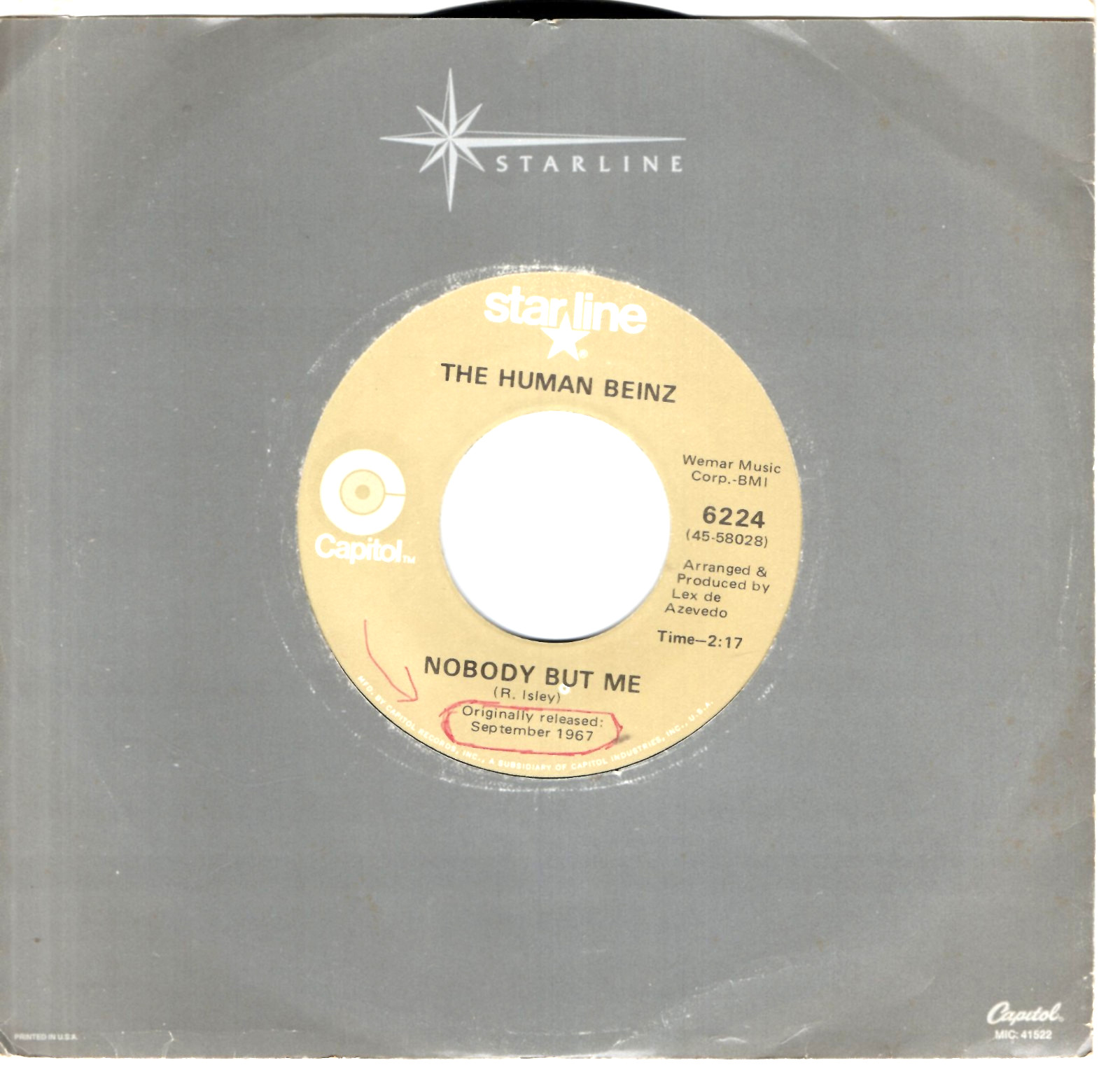 The Human Beinz:   Nobody But Me  / People:    I Love You .. 45 RPM 13037